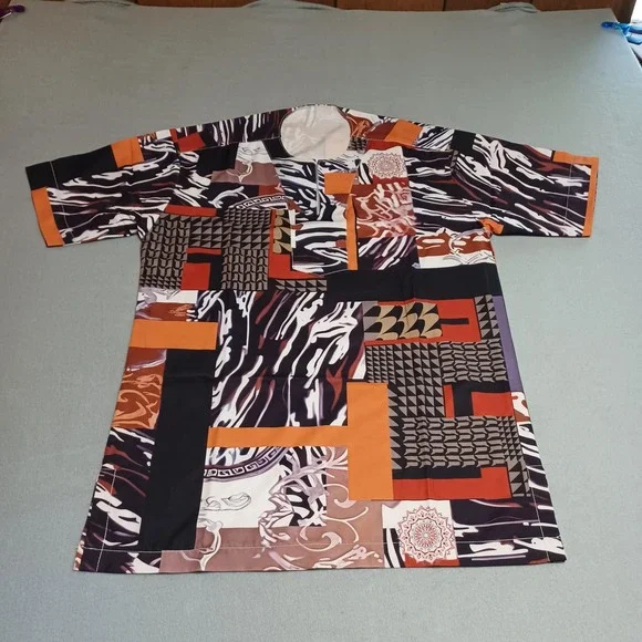 Mens Geometric Abstract Print 2 Piece Set Orange Black White Tunic and Shorts - Picture 2 of 13